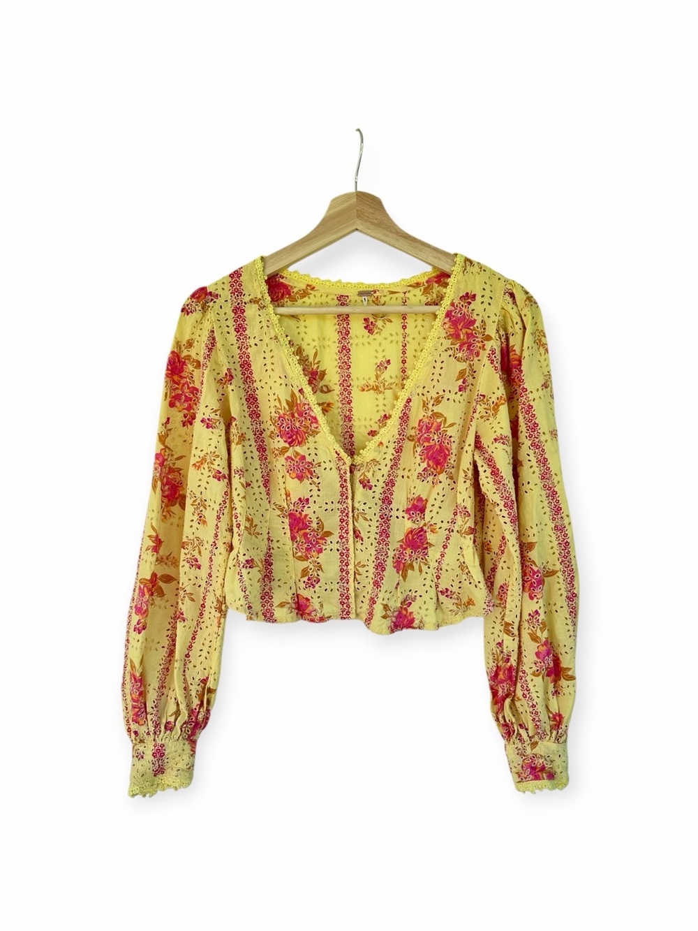 Free People Blossom Yellow Eyelet Summer Top in Yellow Pink Lemonade size XS